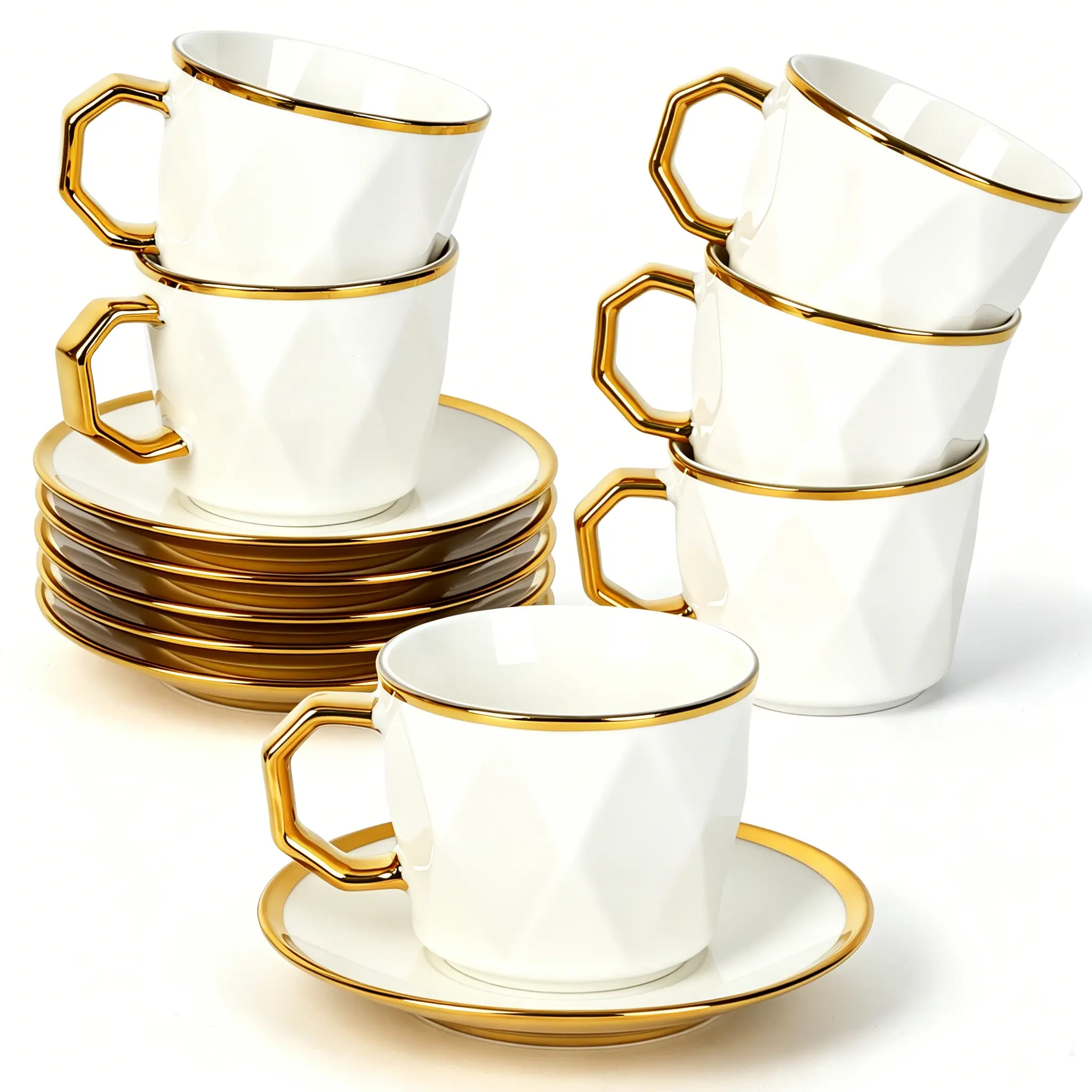 6-Piece Ceramic Espresso Coffee Cups Set with Saucers, 3.5 OZ (0-500 ml Compatible) Dishwasher & Microwave Safe for Cafe Mocha, Tea, Coffee Drinking