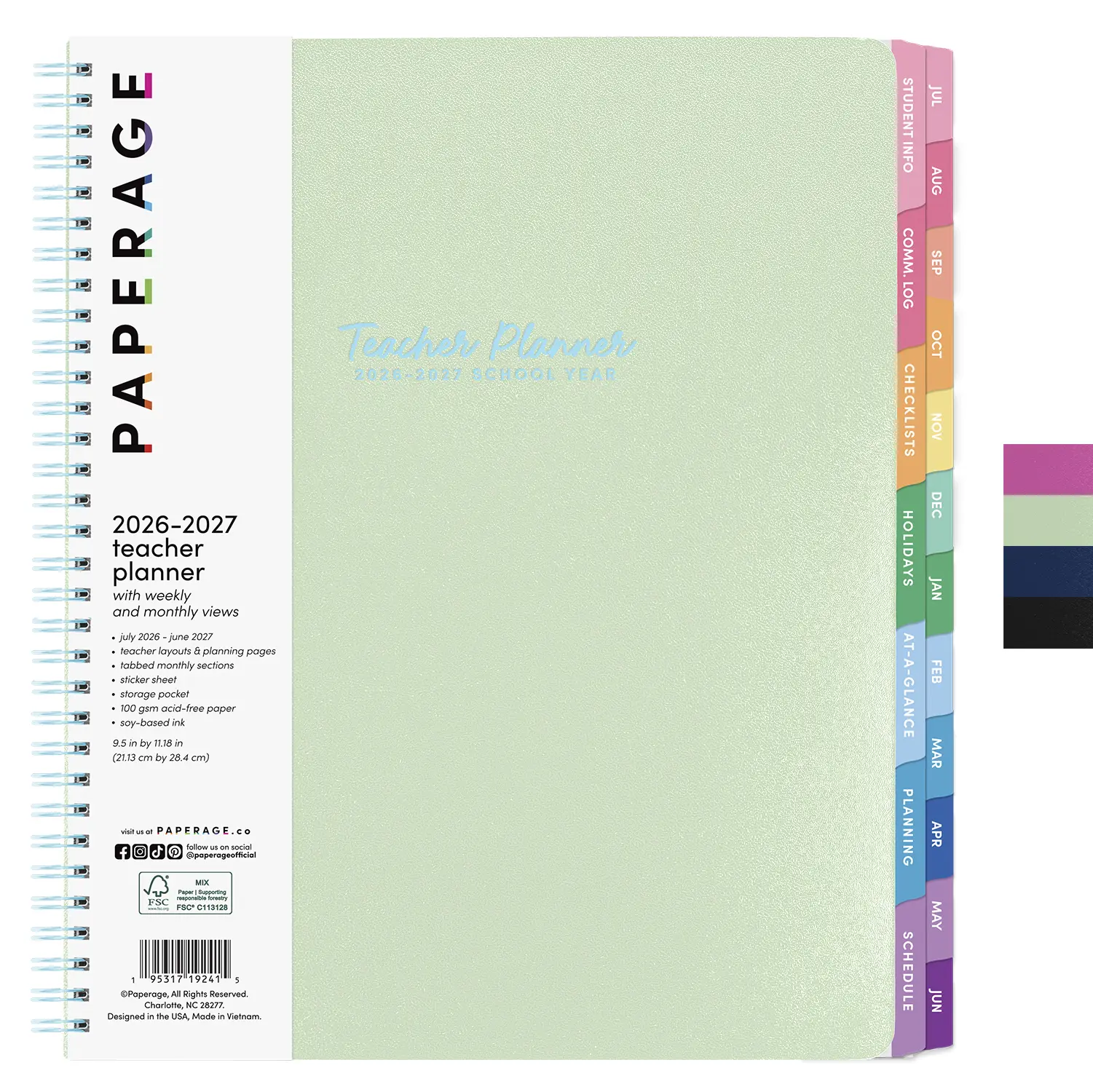 PAPERAGE Teacher Planner - 12-Month Weekly & Monthly Academic Organizer, July 2026-June 2027, 9.5"x11" Lesson Planning Book with Tabs, Stickers & Inner Pocket (Office Stationery Planners)