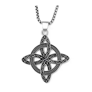 Vintage Classic Celtic Knot Necklace Witch Knot Design Necklace, Collar Encantado Nudo De Bruja, Sterling Silver Plated Black Retro Witchy Jewelry, Hypoallergenic Stainless Steel Chain, Protection Triquetra Necklace
