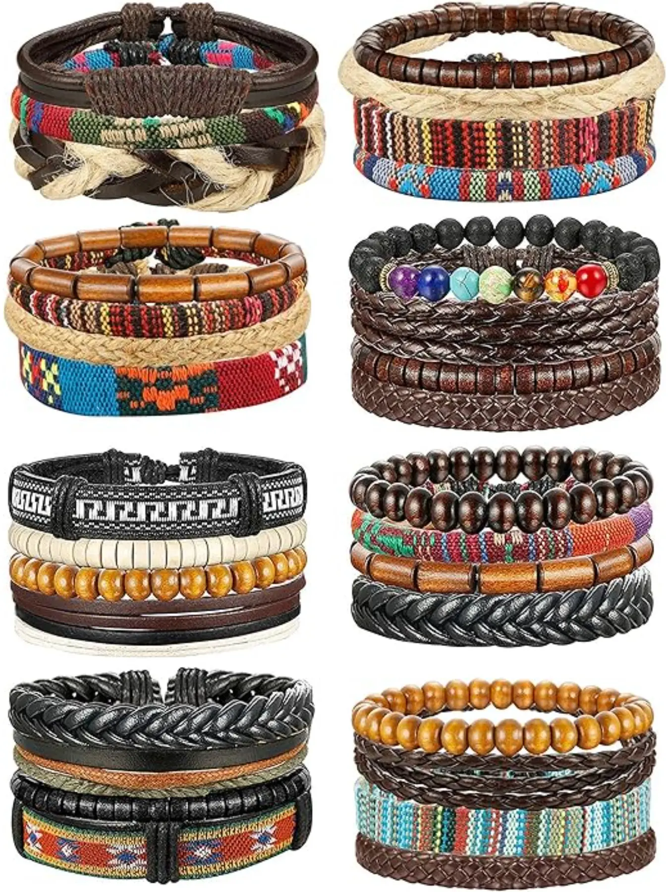 31 Pcs Braided Leather Bracelets for Men Women Wooden Beads Cool Hemp Tribal Wristbands Cuff Punk Multilayered Bracelets