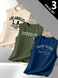 Men's American City Style Sleeveless Vest Set, Seamless Fit for Sports Fitness, Daily Outing, Street Skateboarding, Casual Parties