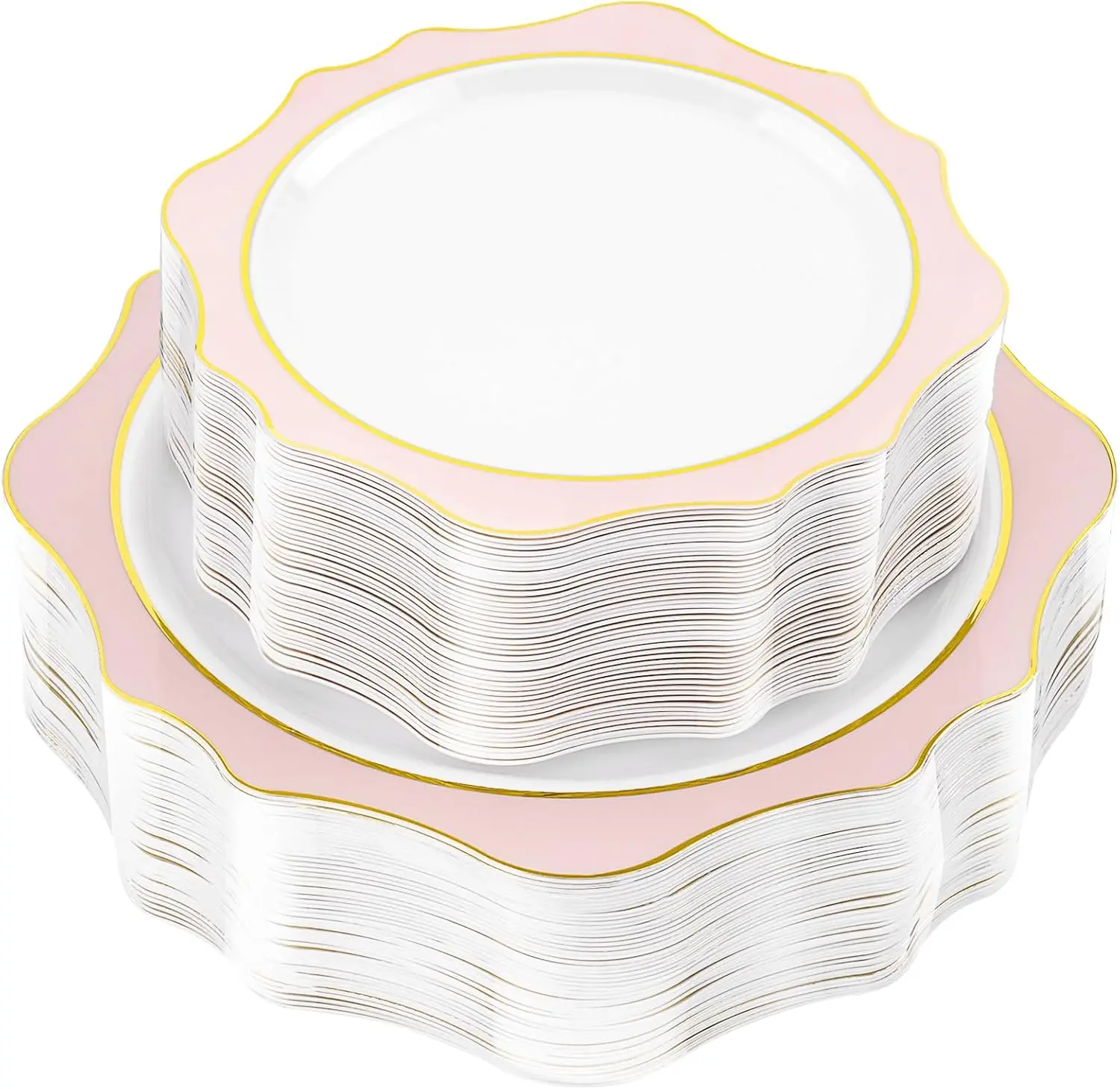 Goodluck 100Pcs White & Pink Plastic Plates for 50 Guests | Scalloped Disposable Dish Set Includes 50 Dinner Plates & 50 Dessert Plates for Party, Wedding & Graduation