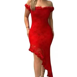 Andrea Dress - Red Off-the-Shoulder Style with Unique Design Elements