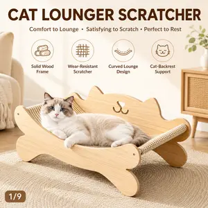 Wooden Cat Lounger Scratcher Bed, Curved Cat Scratching Lounge Chair with Solid Wood Frame, Wear-Resistant Scratcher, Backrest Cat Bed for Indoor Cats & Kittens