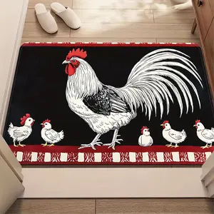 Rustic Rooster and Chickens Doormat with Vintage Black and Red Border Indoor Outdoor Entryway Mat for Farmhouse Kitchen or Porch Decor