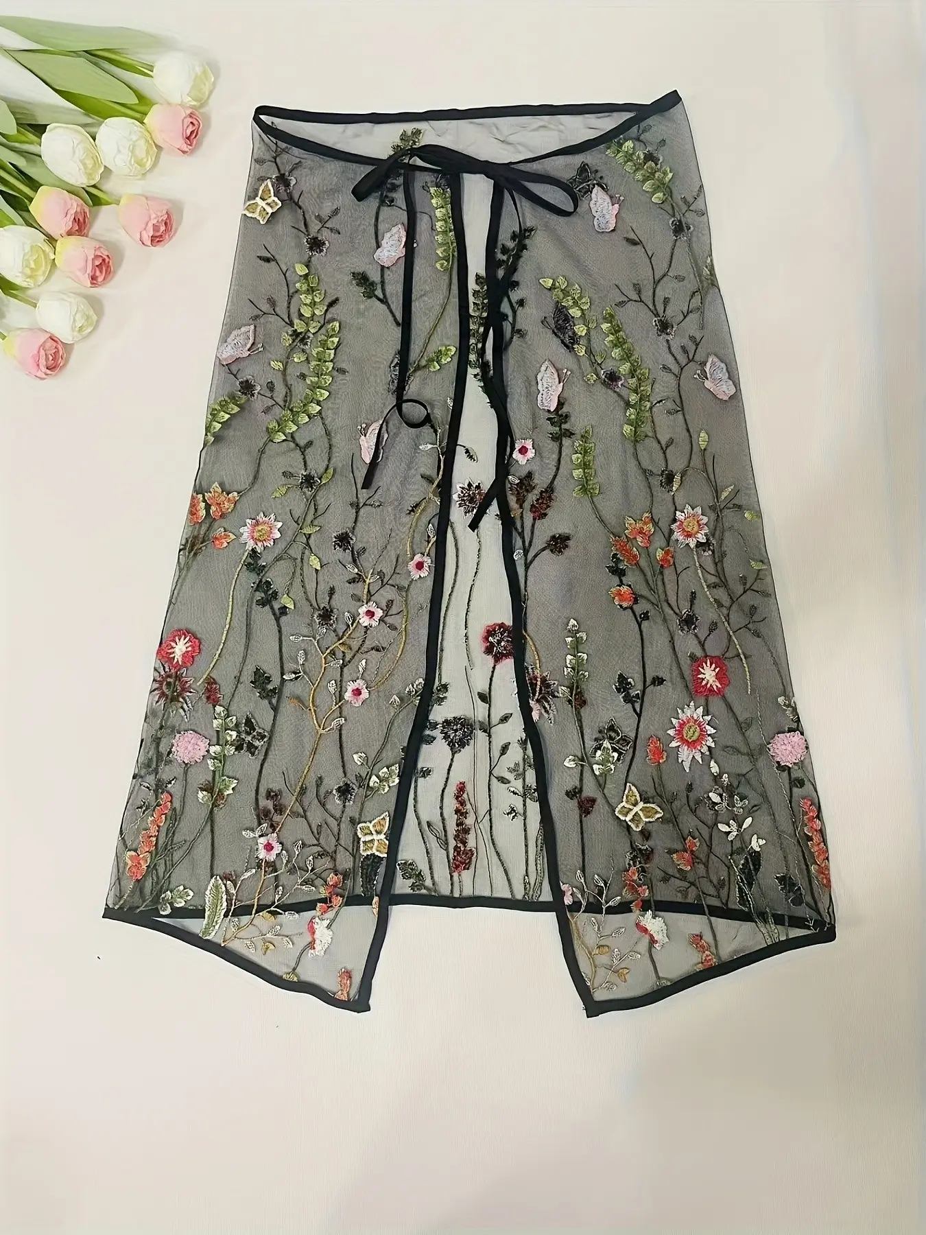 Sheer Mesh Floral Embroidery Midi Skirt for Women, Tie Waist High-Low Hem Elegant Party Casual Dress, Outerwear Bottoms