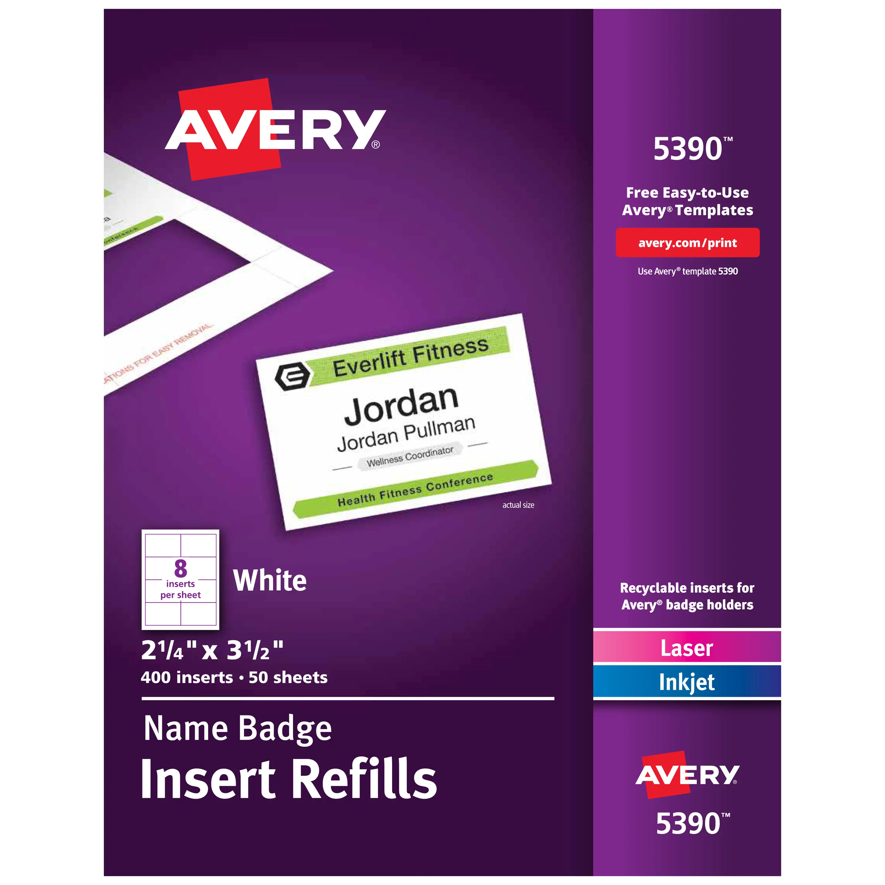 Avery Customizable Name Badge Inserts, 2.25" x 3.5", White, 400 Printable Name Tag Inserts (5390)