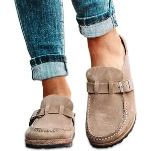 FMOGE Women Slip On Loafer Flat Shoes Casual Comfy Clogs Suede Slip On Sandals Summer Home Office Shoes Men Slides,4 Purple,43