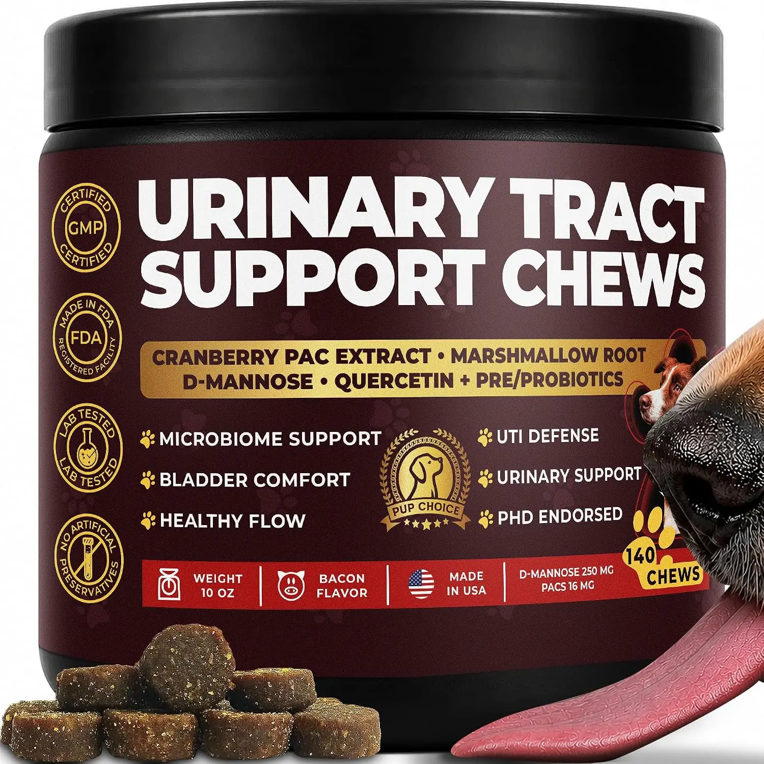 Pup Choice Soft Chews for Dogs - Cranberry PAC Extract UTI Supplement with D-Mannose, Marshmallow Roots, Quercetin, Probiotics for Daily Urinary Tract, Bladder Control, Healthy Flow Support - 140 Chews (Long-Term Value)
