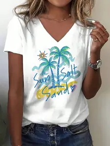 Women's Sun Salt Sand Palm Tree Graphic V-Neck T-Shirt, Viral TikTok 2026 Beach Coastal Streetwear, Womenswear, Lady, Vacation Tops for Beach Lovers, Perfect for Beach Trips, Pool Days, Summer Festivals & Daily Casual Outfits, Retro Coastal Y2K