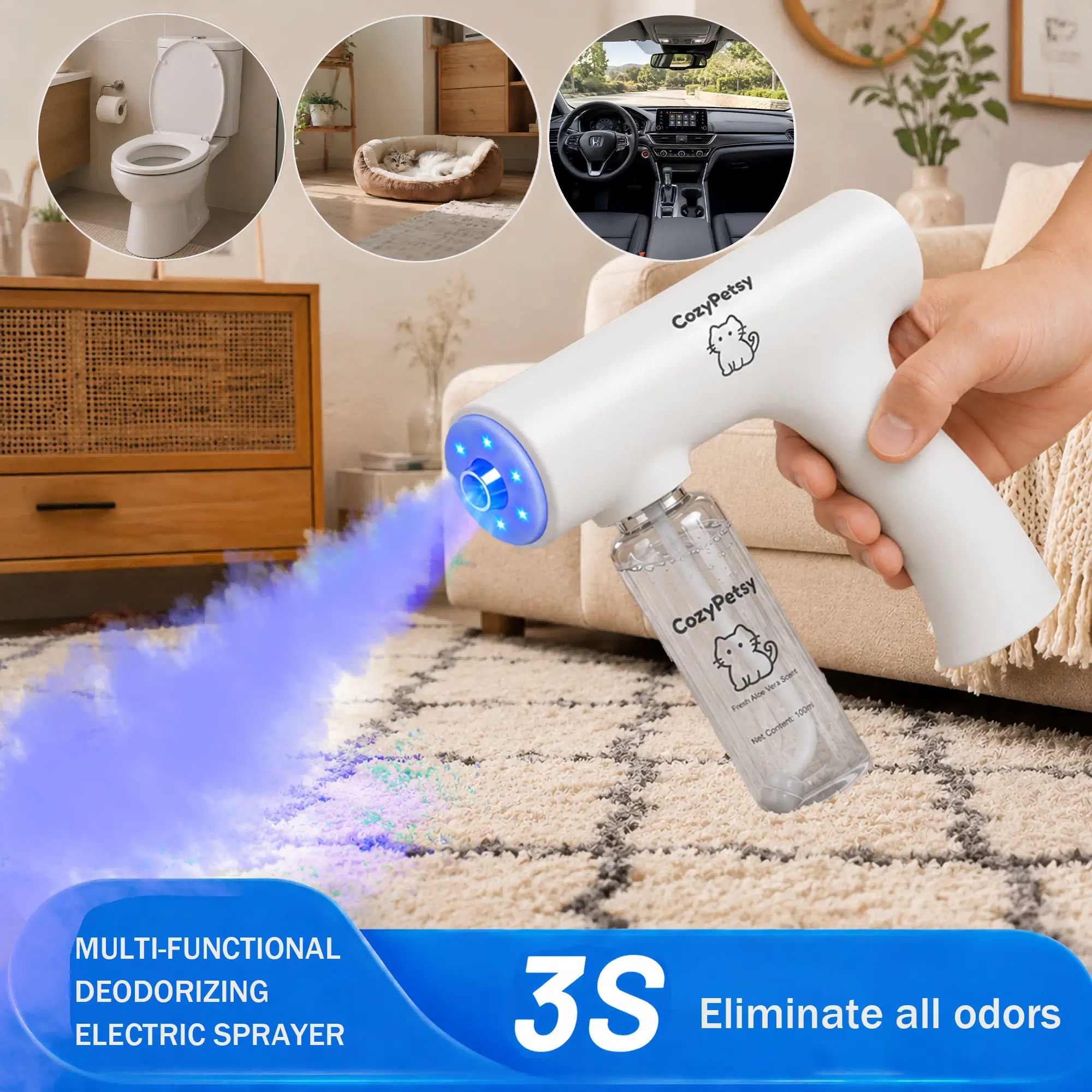 Blue Light Odor Eliminator Spray Gun Kit, Multi-Purpose Deodorizing Spray for Smoke, Toilet Odor, Pet Odor and Urine Odor, Helps Break Down Pet Urine, Bio-Enzyme Formula, Pet Friendly, Safe if Licked Cleaner,dorm essentials,home essentials
