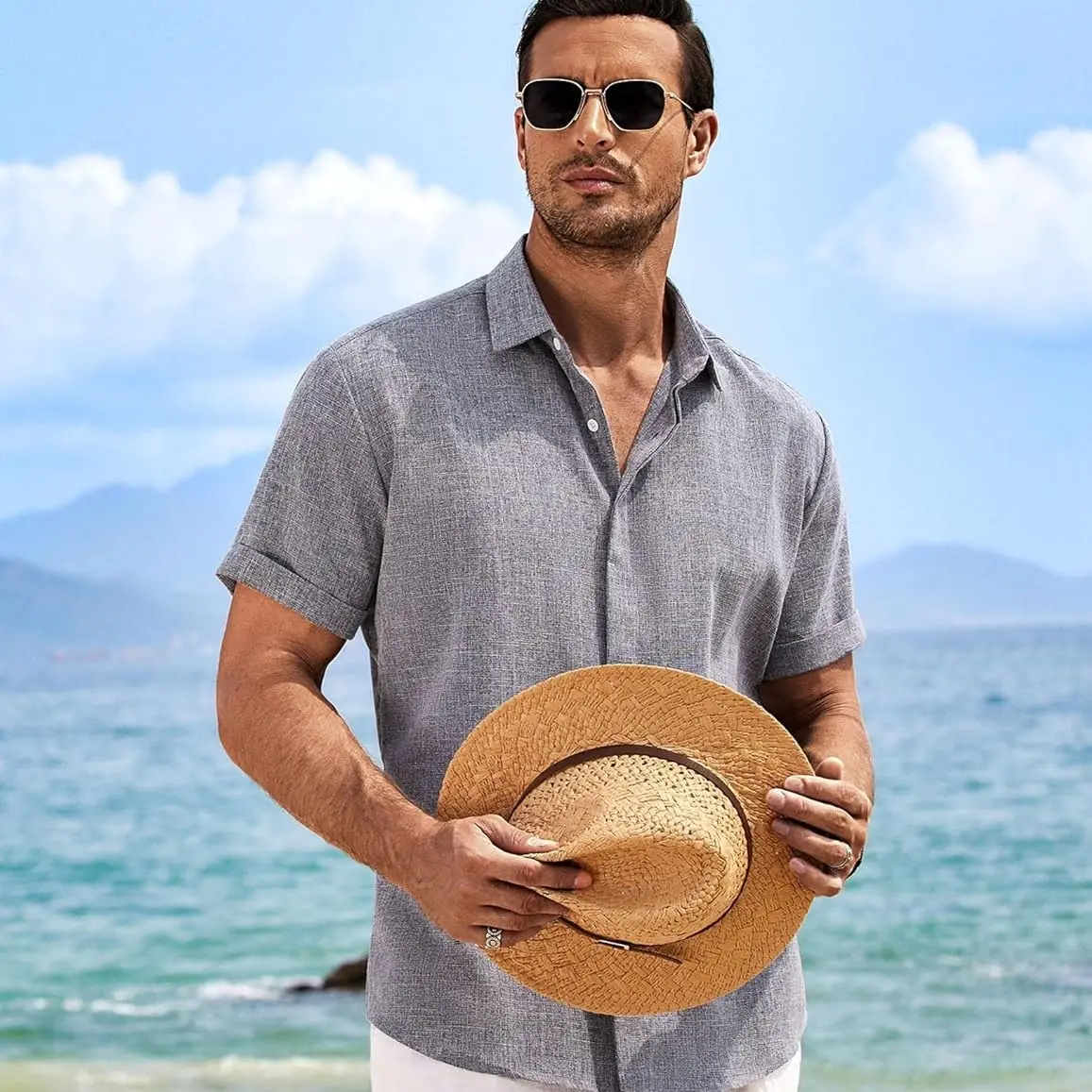 COOFANDY men's linen shirt short sleeved casual shirt men's button up shirt 2024 summer beach leisure vacation shirt, suitable for home, outdoor, dati