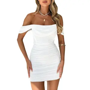 OYS Women's Sleeveless Off Shoulder Ruched Bodycon Trendy Mini Party Dress