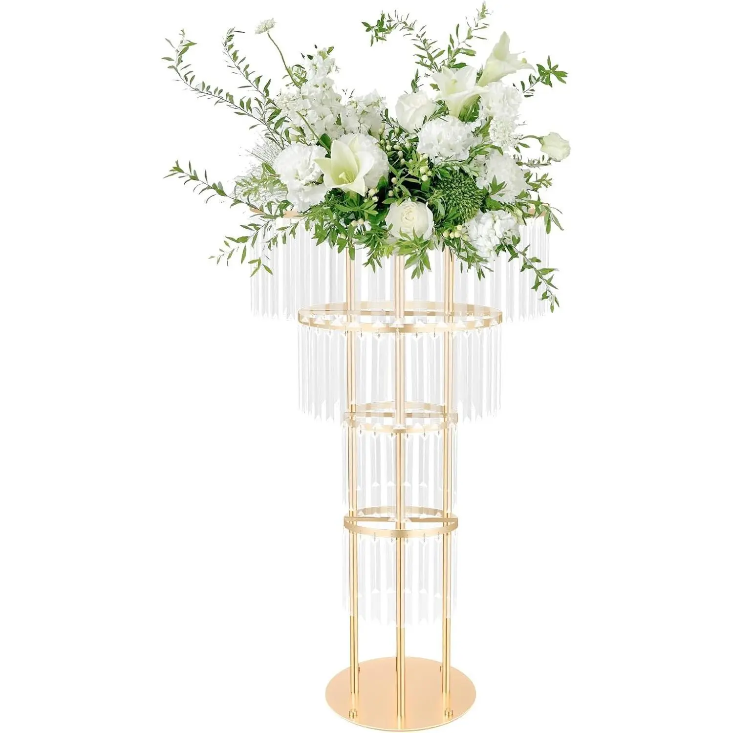 Golden Vase Crystal Flower Stand with Removable 4 Tier Round Crystal Chandelier for Wedding Wayfinding Stage Flower Arrangement Decoration (19.69 * 37.4 in)