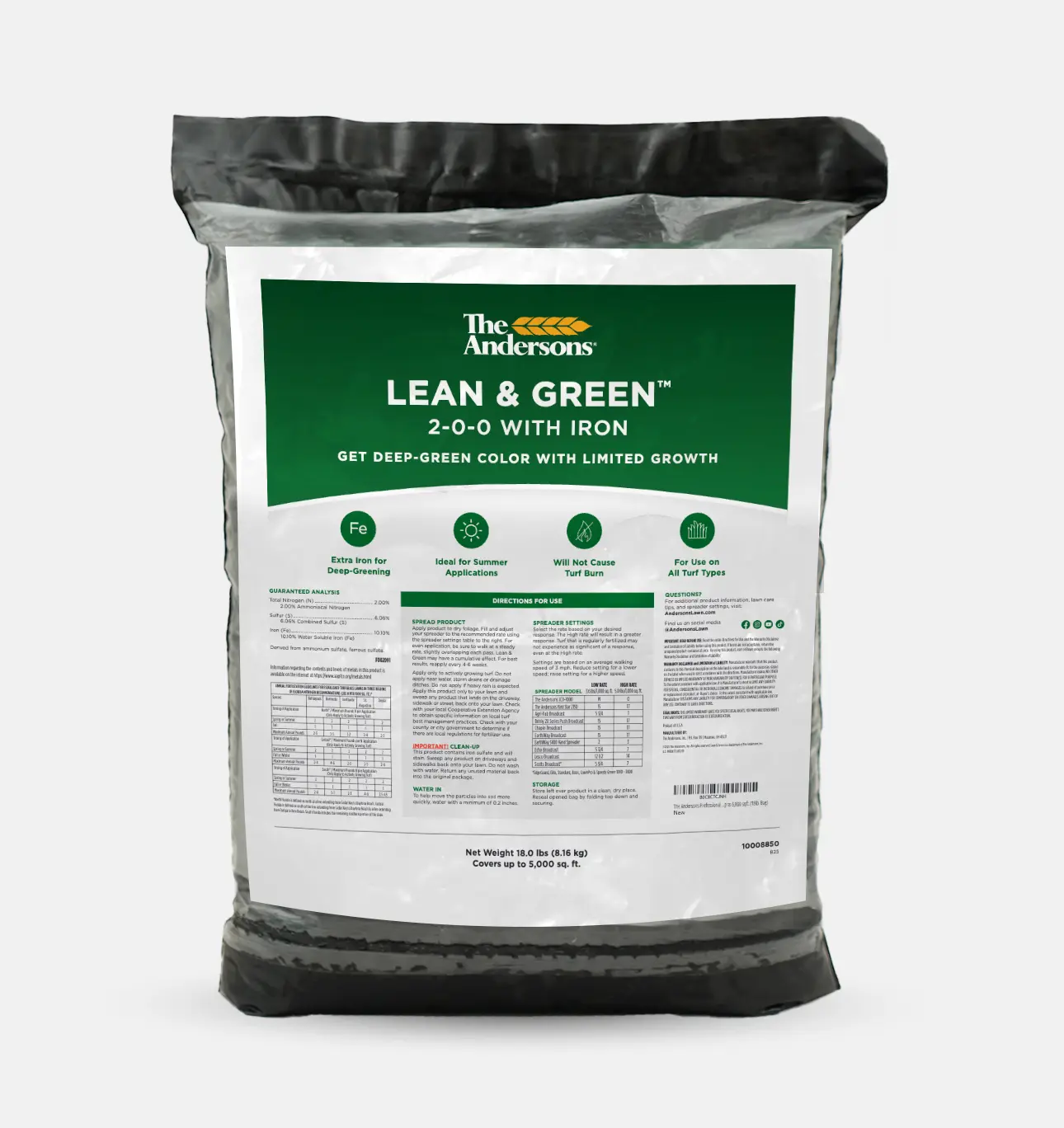 The Andersons Lean & Green Premium Concentrated Garden Fertilizer Granules, 2-0-0 NPK Iron-Rich Plant Food with 10% Iron - Deep Green Lawn Color, Limited Top Growth, Concentrated Fertilizer