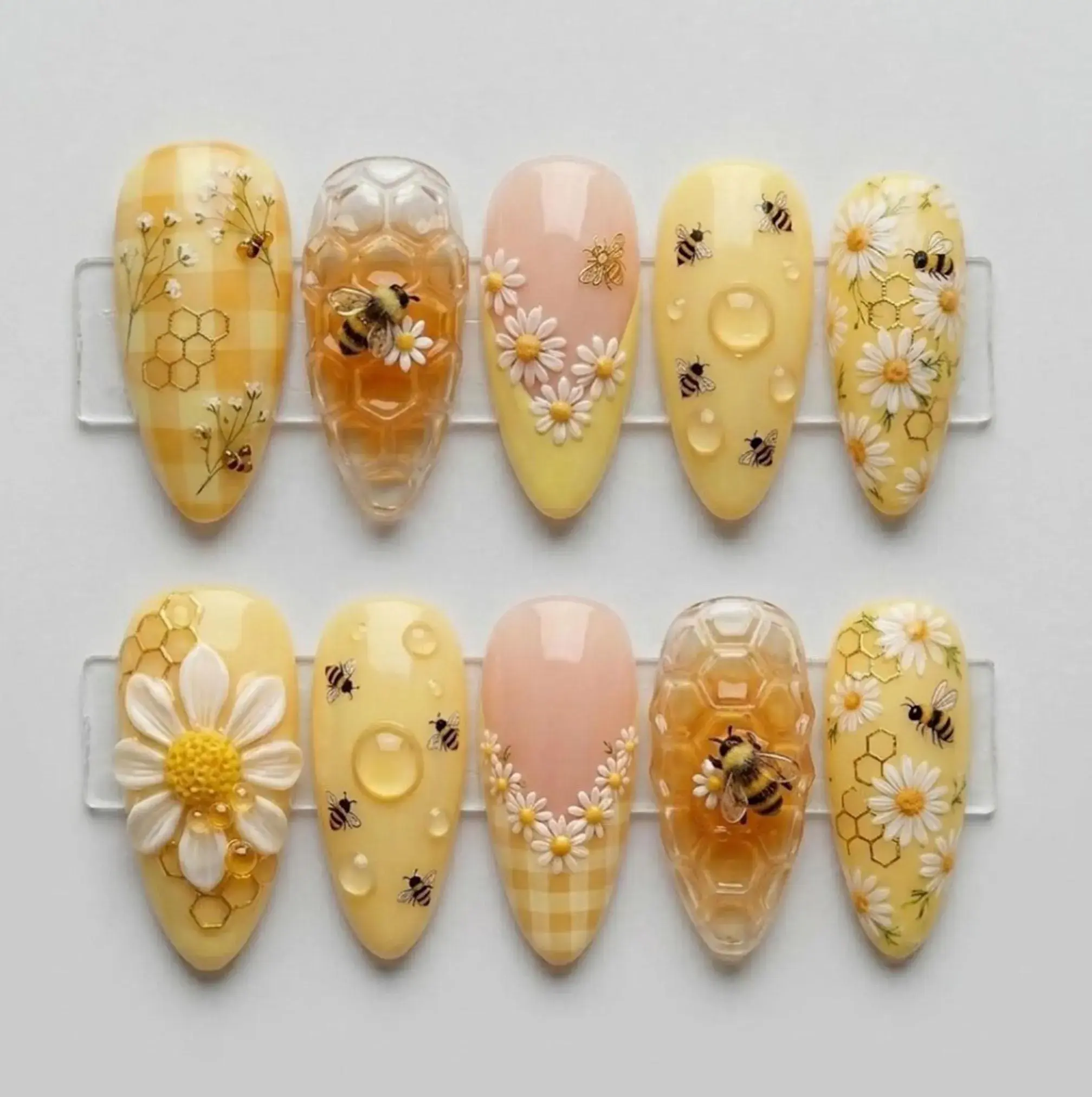 Handmade Honeycomb Press On Nails | 3D Honey Bee & Daisy Nail Art | Sweet Yellow Gingham Garden Nails