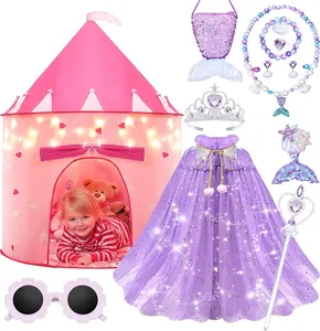 13-Piece Princess Castle Play Tent with LED Star Lights & Dress-Up Set (Crown Included) Indoor/Outdoor Girls Castle Playhouse Tent for Little Girls, Perfect Christmas Gift