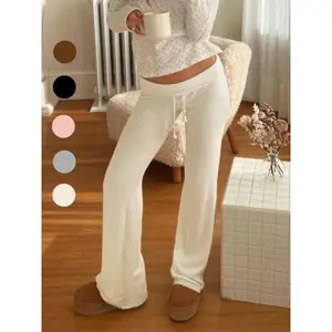 Women's Solid Drawstring Foldover Waist Straight Leg Pants, Pants for Women, Fashion Casual Drop Waist Trousers For Daily Outdoor Wear, Women's Bottoms