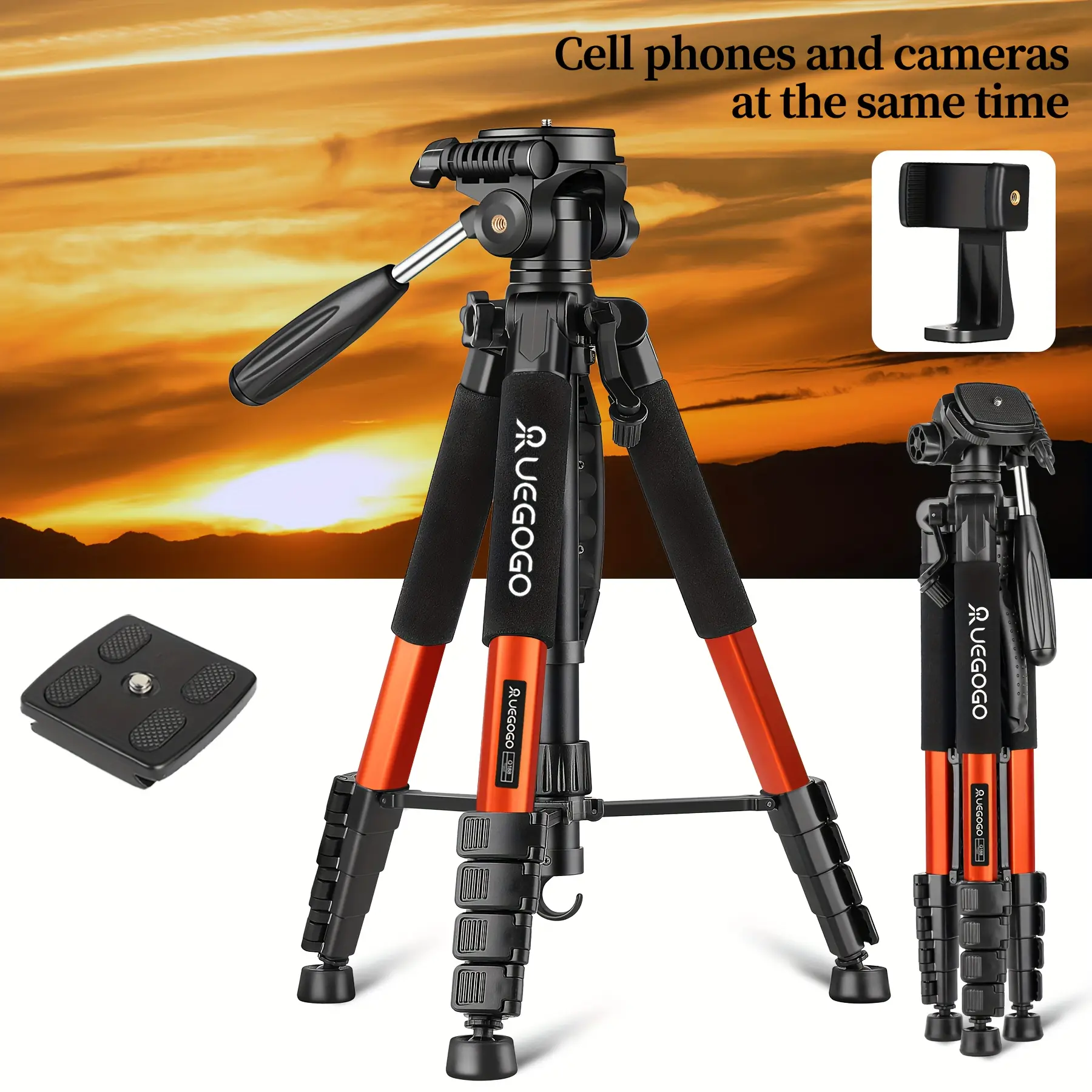 74" Durable Heavy-Duty Folding Tripod Stand with Phone Holder, Adjustable Height Extendable Aluminum Telescopic Tripod & Monopod for Camera/Smartphone/Projector, Photography & Videography Equipment