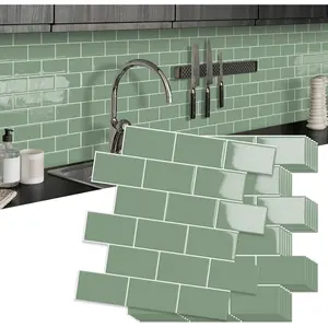 10-Sheet Thick 3D Subway Peel and Stick Waterproof Self-Adhesive Backsplash Tiles for Kitchen and Bathroom Green 12"×12"