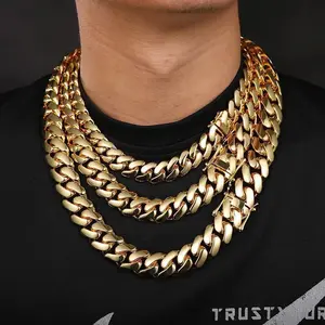 14K Gold Vacuum Plated Stainless Steel Chain & Copper Deployment Clasp Miami Cuban Link Chain Italy Mexico & Micro Inspired Unisex Hip Hop 10-22mm Necklace&Bracelet for Men & Women Jewelry,Daily Wear,Casual Fashion,Gift ,Chicano Style,Weigh