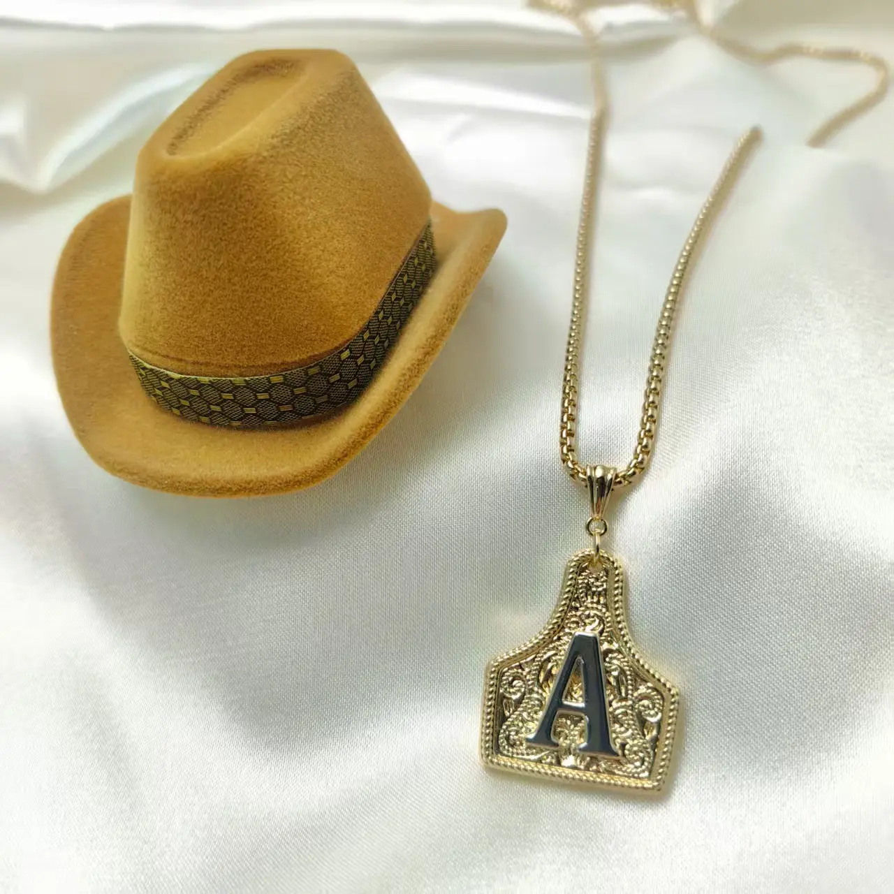 Western Cowboy Initial Necklace Two-Toned Gold & Silver Adjustable 20" Chain 14K Gold-Plated Copper CowTag Pendant 50cm Chain Handmade Vintage Jewelry Gift for Men Women two-toned gold silver pendant