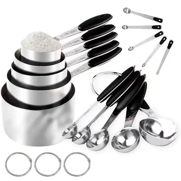 15-Piece Stainless Steel Measuring Cups and Spoons Set - Nesting Design with Soft Touch Silicone Handles, Metal Measuring Set for Dry & Liquid Ingredients, Cooking & Baking (Black)