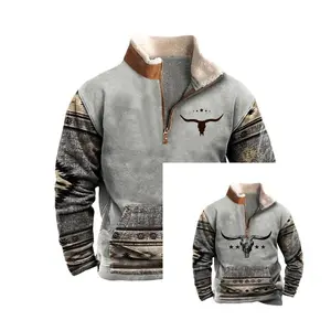 Men’s Cowboy Sweatshirt, Vintage Ethnic Print, Western Aztec Sweatshirt, Casual Long Sleeve, 1/4 Zip Fleece Pullover, Men’s Ethnic Sweater, Hoodie Tops