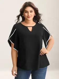 【Summer Turn-Up】BlOOMCHIC Plus Size Color Contrast Petal Sleeve Shirt - Lightweight 100% Polyester Fitted Top with Round Neck for Women Casual Summer Wear Blouse Womenswear Basic Black Minimalist [M-6X] 2026 Summer Pick for Mother's Day