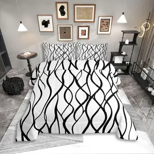 Feelyou Modern Striped Geometric Lines Microfiber Bedding Comforter Set - Black and White Abstract Aesthetic Decorative Queen Bedding Set for Teens, Decorative Bedding Set, Microfiber Bedding Set