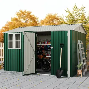 10X12 FT Storage Shed with Cross Windows & Lockable Door，Large Outdoor Metal Shed，Peaked Roof Garden Shed for Lawn Mower, Bike, Tools - All Weather Secure Storage, Galvanized Steel, Weatherproof,summervibes