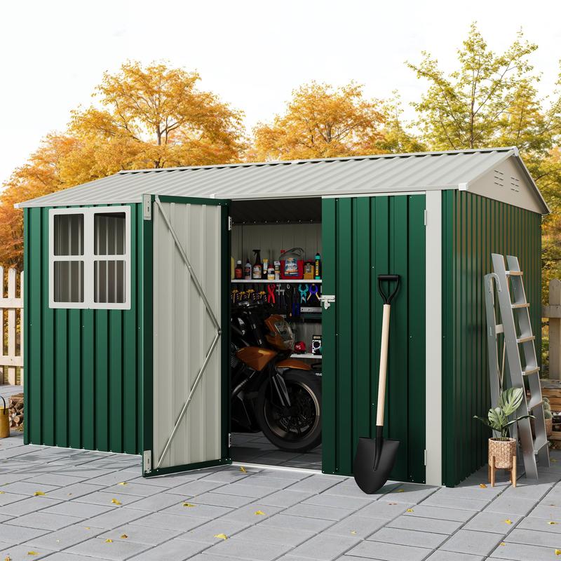 Durable Galvanized Steel Garden Shed - Heavy Duty Classic Peak-Sloping Rainproof Sunproof Roof, 450 CU.FT Capacity, Lockable Doors, Natural Light Outdoor Storage Organizer for Gardeners’ Tools, Extreme Climates Resistance, All-Season Durability