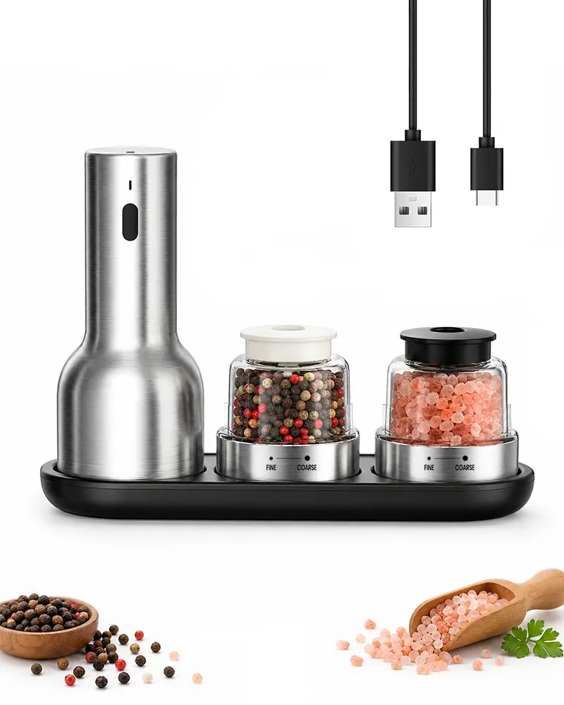 ODIFORGO Rechargeable Electric Spice Grinder - 2026 New Stainless Steel Kitchenware, ABS Construction, Adjustable Coarseness, Dual Chambers Spices Organizer & Seasoning Containers for Pepper, Sea Salt, Home Cooking, Outdoor BBQ