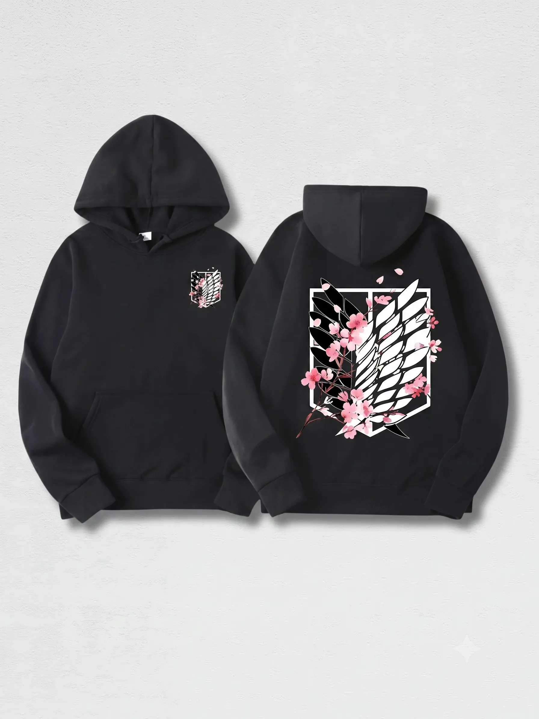 Men's Boxy Fit Cotton-Poly Hoodie Pullover - Scout Regiment Sakura Wings Of Freedom, Cherry Blossom Anime Graphic, Japanese Aesthetic, Unisex Black Streetwear, Medium Length, Cold Wash Anime Fan Gift Top