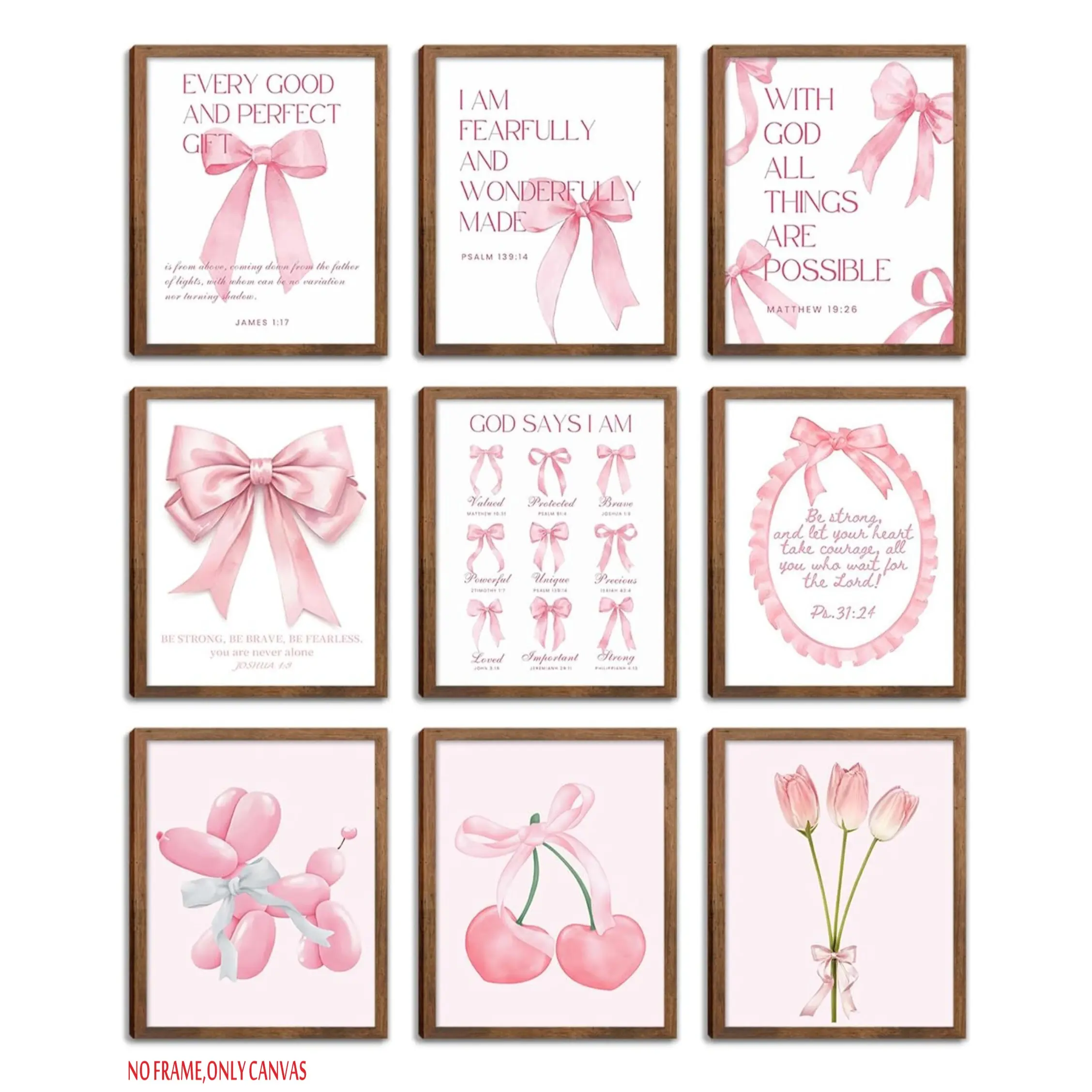 9-Piece Set, Religious Wall Art, Pink Bow Bible Verse Christian Themes Canvas Wall Art Set, Unframed Art Print, Quote Prints, Poster Print Wall Decor, Preppy Aesthetic for Girls' Rooms, Bedrooms and Home Decor, Frameless, Wall Decoration, Gift