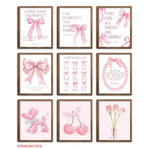 9-Piece Set, Pink Bow Bible Verse Christian Themes Canvas Wall Art Set, Unframed Art Print, Poster Print Wall Decor, Preppy Aesthetic for Girls' Rooms, Suitable for Bedrooms and Home Decor, Frameless