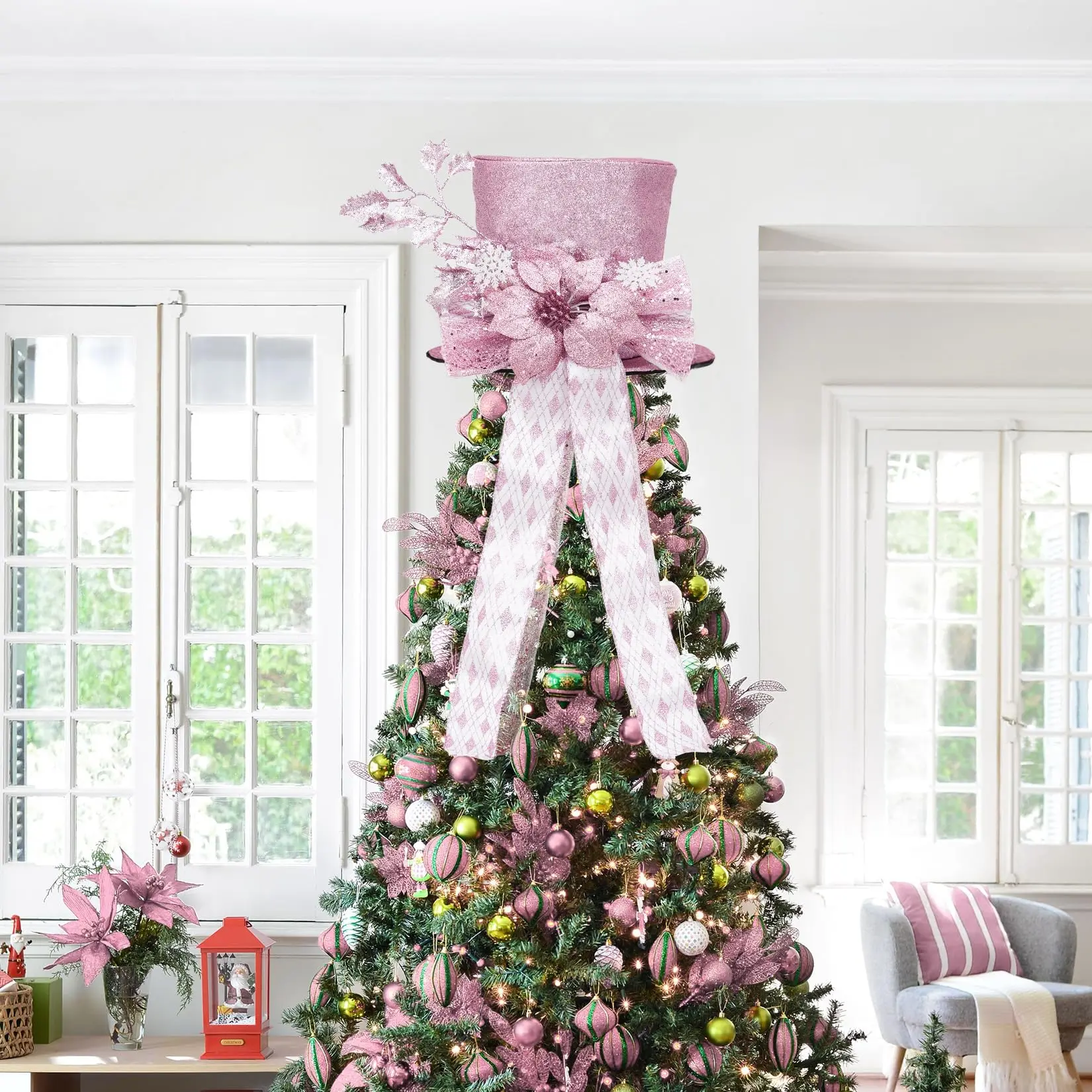 GAOMON 25cm/9.8 Inches Wide Lighted Glitter Sequin Reflective Pink Christmas Tree Topper Bow Decoration - Shiny Metal Snowflake, Decorative Spruce Branch, Outdoor Holiday Ornament for Christmas Trees, Snowman Displays (Hat Accessory Compatible), Bows
