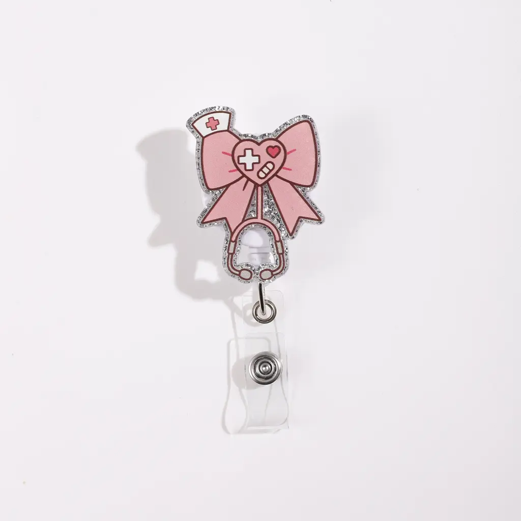 1PC "Sweet Nurse Style, Heart-shaped Bow", branded wallet, ID wallet, ID Badge Holder, keychain with retractable badge roll, Retractable Badge Reel, Nursing Badge Reel, suitable for nurses, doctors, office workers, teachers, for Halloween, as a gift
