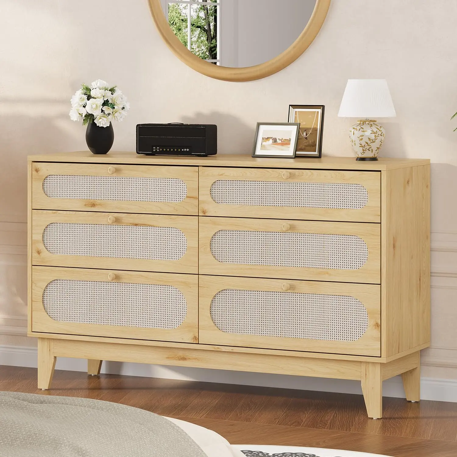 Modern Yellow Rattan 6-Drawer Wood Dresser - Rectangular Boho Farmhouse Accent Storage Cabinet with Woven Panels, 2 AC Charging Ports, Solid Legs, Multi-Size Storage, 100 lbs Desktop, 50-inch Screen Compatibility, Unique Bedroom TV Stand/Bedside Table