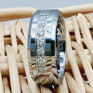 Silver Tungsten Wedding Band with Diamond for Men - Comfort Fit