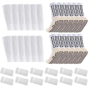 6 Pairs Grip Soccer Socks 6 Pairs Soccer Sleeve Socks with 12 PCS Shin Guard Straps for Youth Adults