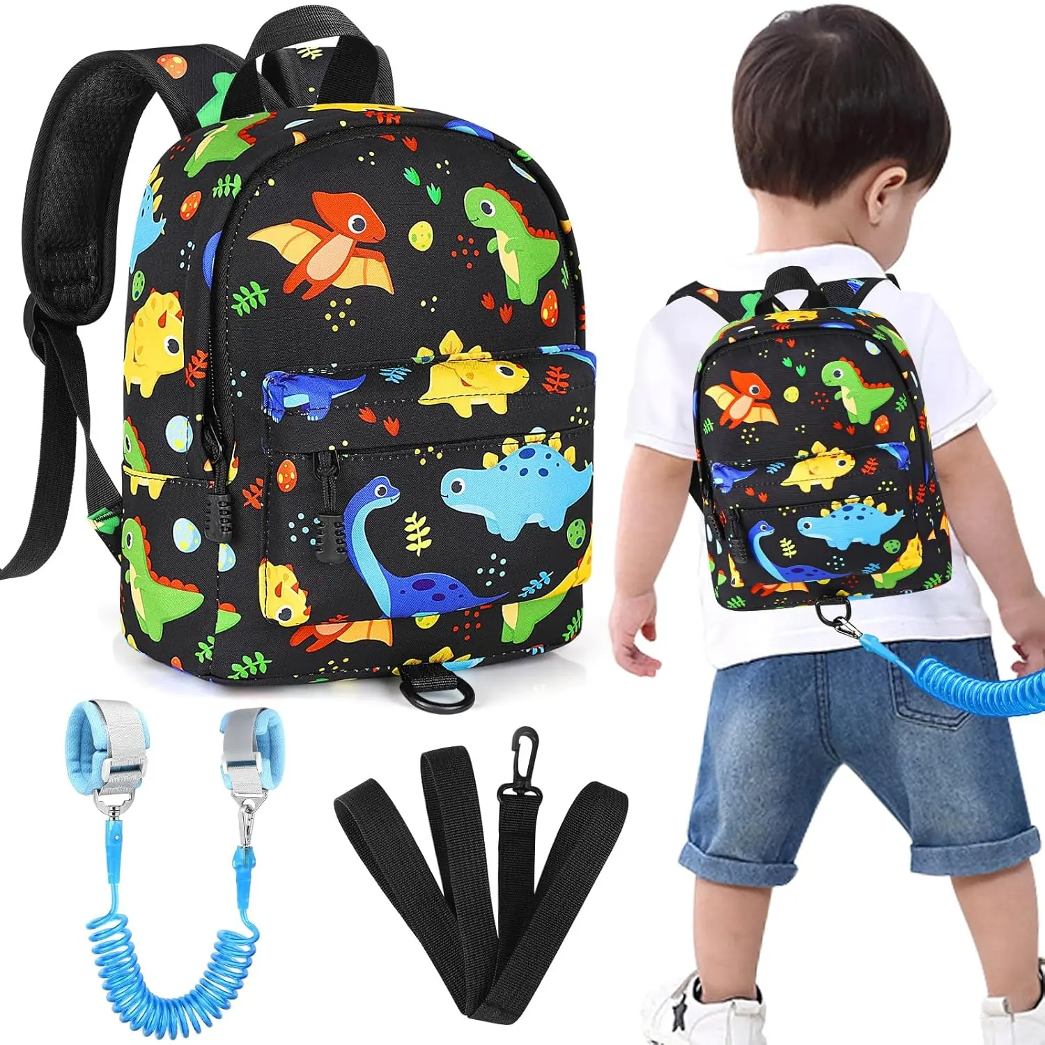 L-A16 Toddler Anti-Lost Backpack Leash - Cute Dinosaur Design with Safety Wrist Link, Walking Harness, Adjustable Strap, Travel Safe for Boys Ages 1-3, Kids' Fashion Accessory Gift, Toddler Wear, Fairs, Dinosaurs, Airports, Girls