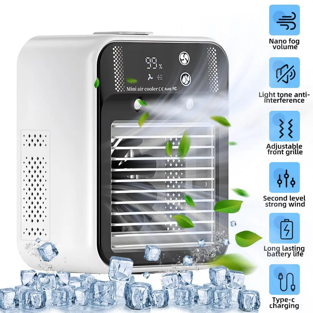 【SUMMER SALE】 Mini Portable Air Conditioner, 3-In-1 Personal Air Cooler with 2-Speed Mist Fan, Built-In 1800mAh Battery and 500ml Water Tank for Bedroom, Office, Desktop