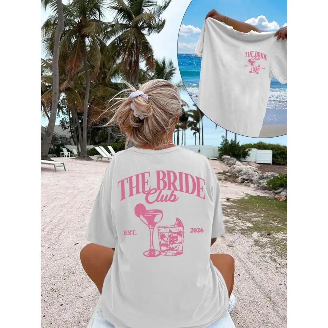 Women's Cotton Short-Sleeve Round Neck Graphic T-Shirt, Bride Club Pink Print Top, Bridal Shower Gift for Bride (Bachelorette Party & Beach Vacation Casual Outfit)