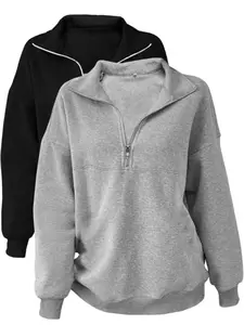 Women's Loose-Fit Zip-Up Pullover Sweatshirt Set, Perfect for School Reunions and Teachers, Casual Everyday Wear, Fall & Winter Fashion