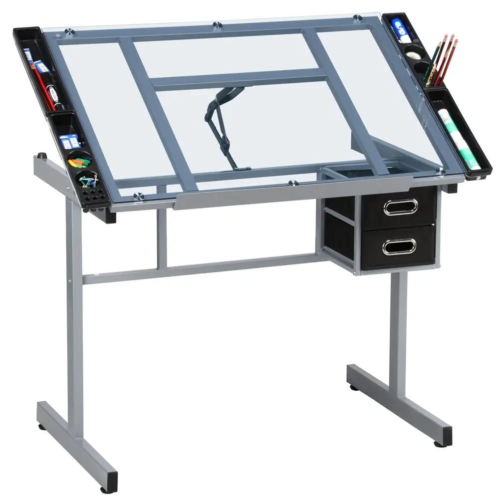 Yaheetech Adjustable Tilt Tabletop Drafting Table with Drawers, Pencil Holder, Pencil Ledge, Stationary Storage - Art Craft Desk for Artists, Home Office