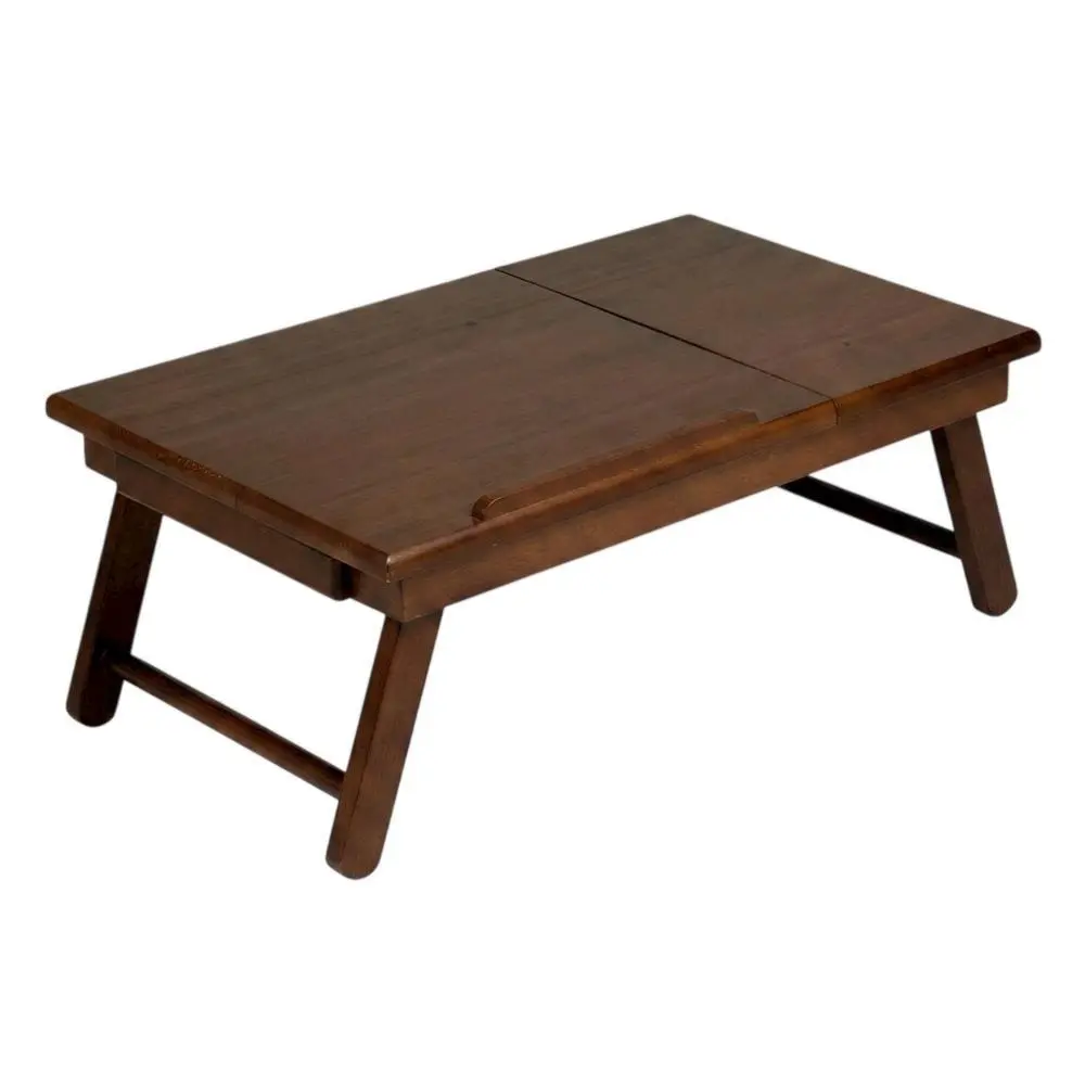 Wooden Solid Flip Top Lap Desk - Foldable Legs, Multi-Angle Tiltable Surface, Storage Drawer, Brown Transitional Office Commercial Furniture