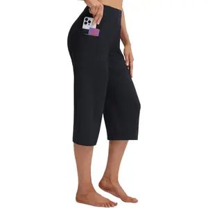 Baleaf Women's High Waisted Capri Pants with Zipper Pockets Loose Straight Leg Yoga Capris Comfortable Lounge Cropped Pants for Summer Casual and Walking