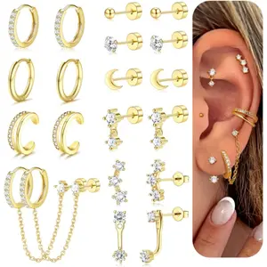 CASSIECA Small Gold Earrings for Women Hypoallergenic 20G Surgical Stainless Steel Flat Back Stud Earrings Dainty Stackable Earring Stacks Hoop Cartilage Earring Sets for Multiple Piercing