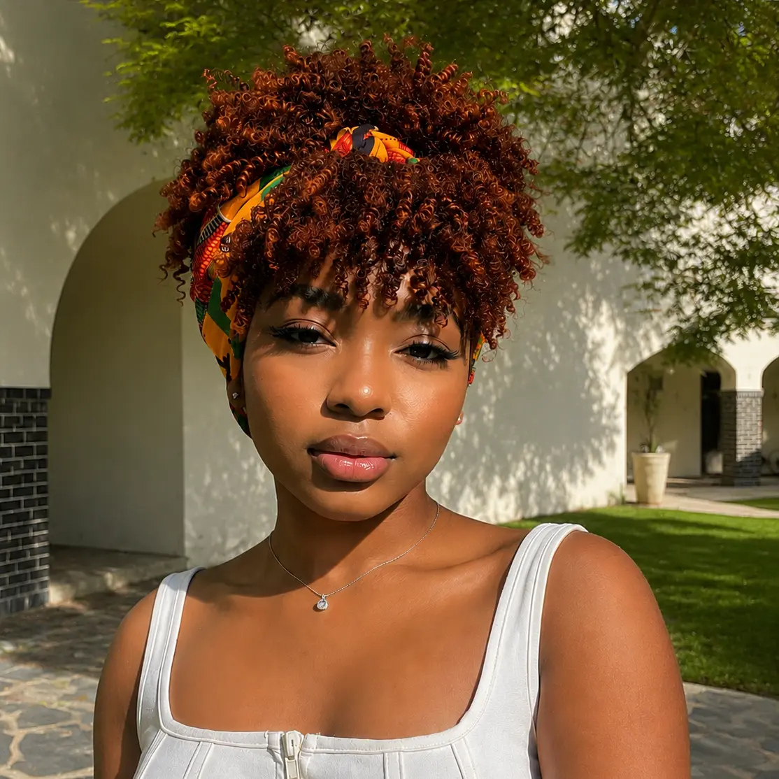 Afro Kinky Curly Headband Wig Short Black Afro Wigs for Women Synthetic Kinky Curly Headband Wig with Bangs for Girls Natural Afro Puff with Bangs Turban Wrap-Wig Nylon Hair Bands Non Slip Hairbands